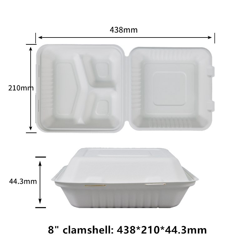 Compostable Clamshell 8 inch 3 Compartment Food Containers Heavy-Duty Hinged Container Disposable Bagasse Eco-Friendly Natural Takeout to go Box Made from Sugarcane