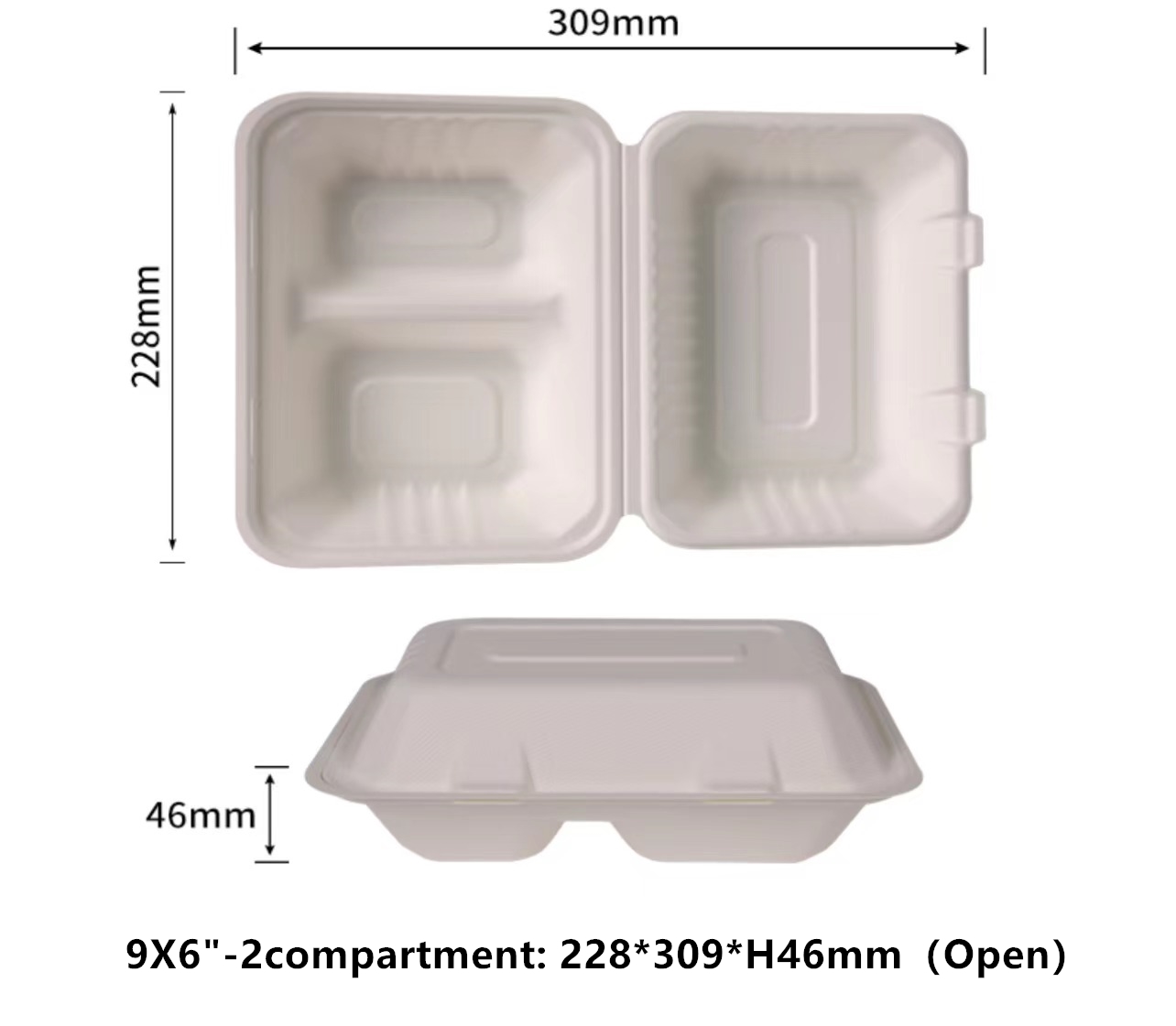 Clamshell 9X6 inch 2 Compartment Take Out Food Containers 100% Compostable Disposable To Go Containers Heavy-Duty To Go Boxes Eco-Friendly Biodegradable To Go Containers For Food