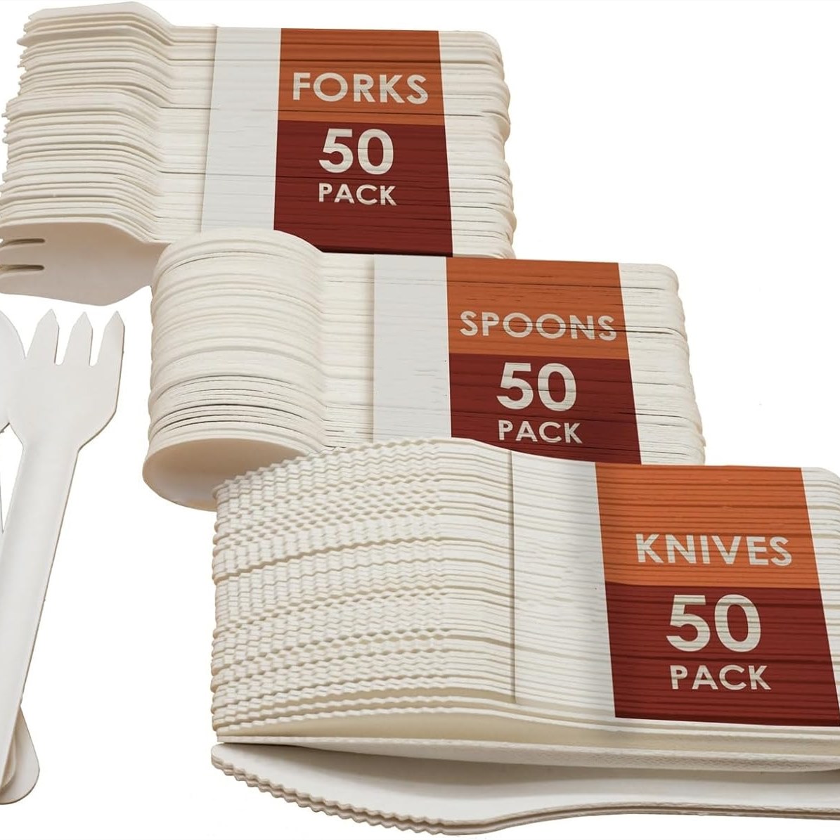 thumbnail image 2 of 50-Piece Disposable Wooden Cutlery Individual Paper Wrapped Cutlery Set Of Forks, Knives Napkin Natural Wooden Utensils For Parties 2 of 9