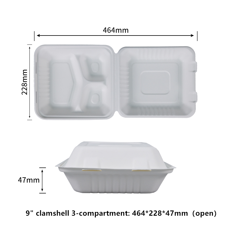 100% Home Compostable 9 inch Clamshell 3 Compartment Disposable Take Out Food Containers to go Containers Heavy-Duty to go Boxes Eco-Friendly Biodegradable Made of Sugarcane Fibers