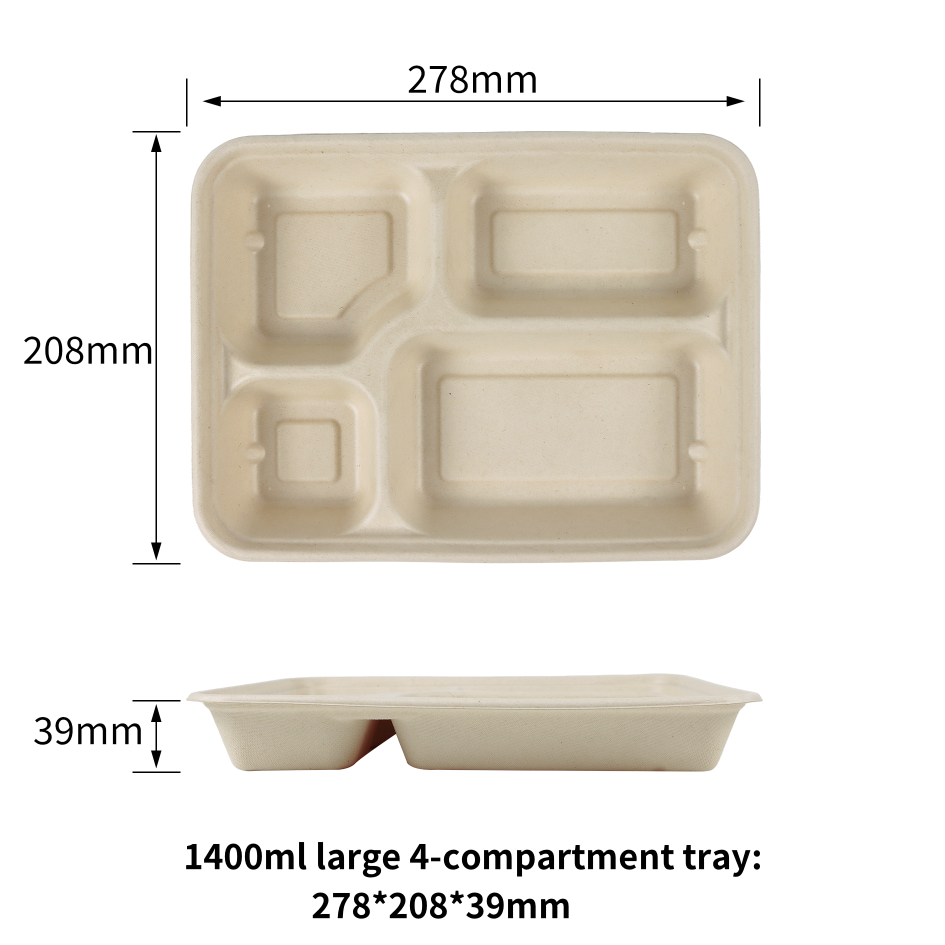 Custom Biodegradable 1400ml Sugarcane Pulp Four Compartment Trays PFAS Free For Restaurant Takeaway - SINCERE