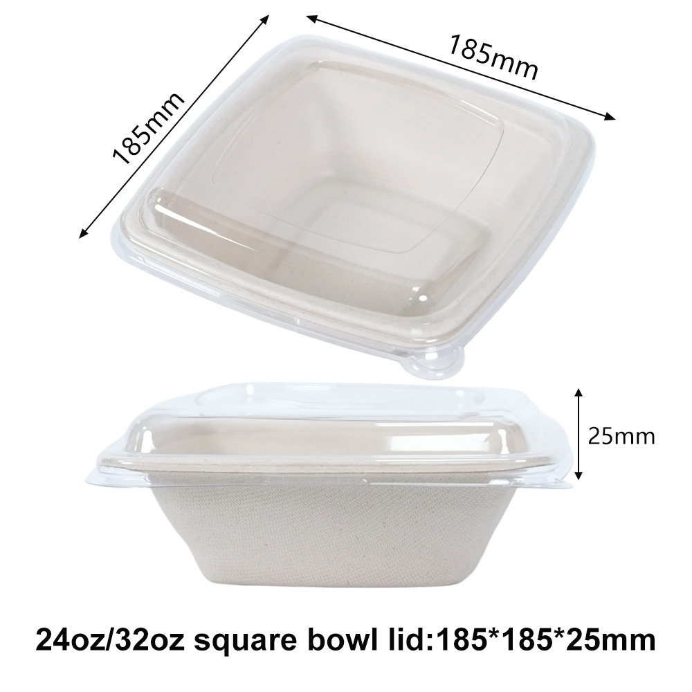 24/32 Oz Sugarcane Bagasse Square Bowl Clear PET Plastic Lids - SINCERE