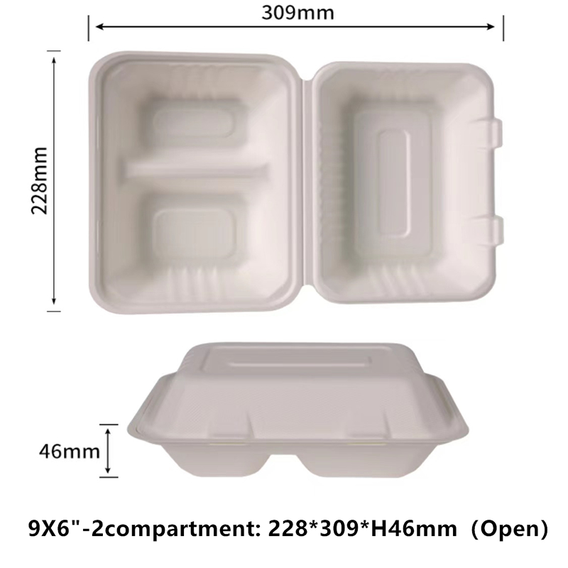 Clamshell 9X6 inch 2 Compartment Take Out Food Containers 100% Compostable Disposable To Go Containers Heavy-Duty To Go Boxes Eco-Friendly Biodegradable To Go Containers For Food - SINCERE